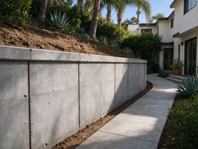 Retaining wall at the edge of an occupied apartment courtyard with a continuous clear walkway and doors visible beyond, no construction blocking the only exit; a close view of the visible material joints, cap and natural wear, Los Angeles setting