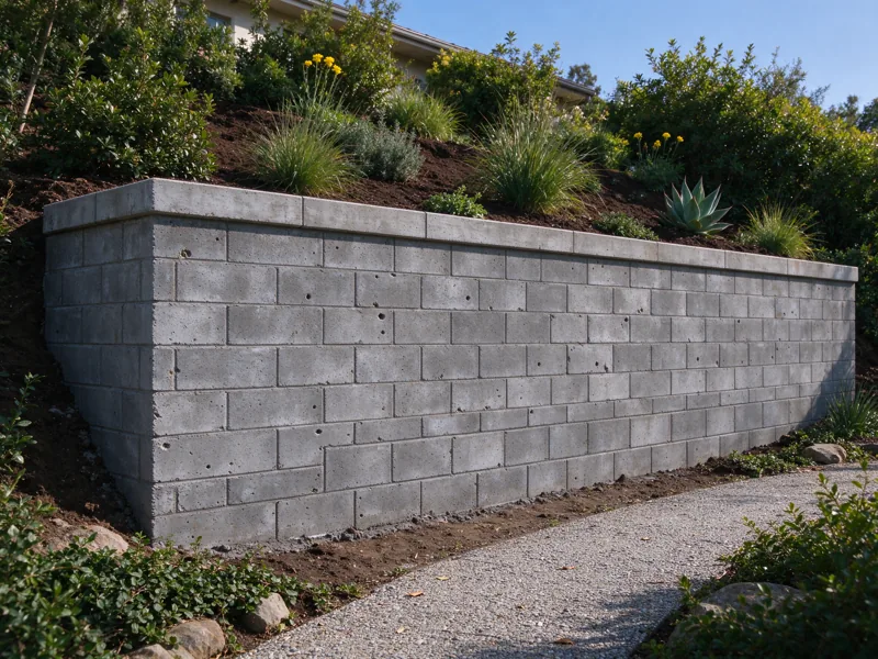 Straight CMU retaining wall with staggered masonry joints and a continuous cap, a higher planted terrace behind and lower pedestrian path in front; a close view of the visible material joints, cap and natural wear, Los Angeles setting