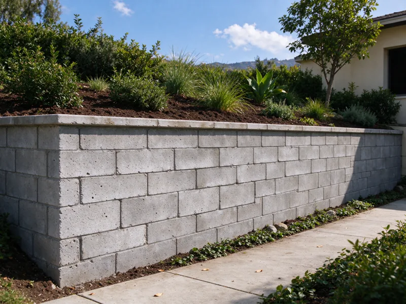 Straight CMU retaining wall with staggered masonry joints and a continuous cap, a higher planted terrace behind and lower pedestrian path in front; a view from the accessible side showing the upper planted grade meeting the wall cap, Los Angeles setting