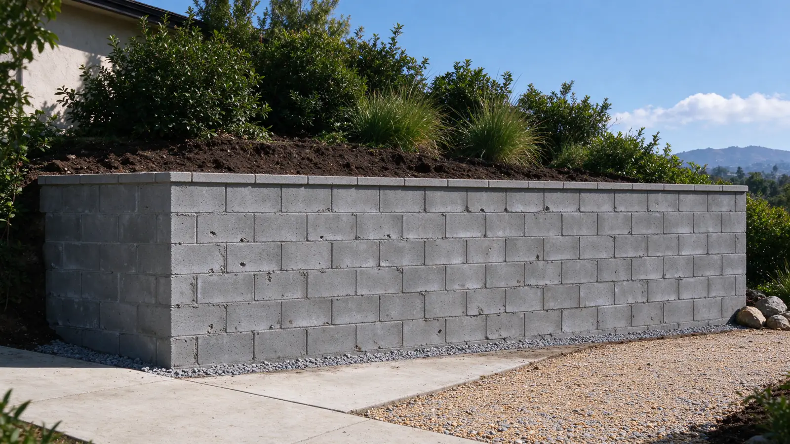 Straight CMU retaining wall with staggered masonry joints and a continuous cap, a higher planted terrace behind and lower pedestrian path in front, Los Angeles setting