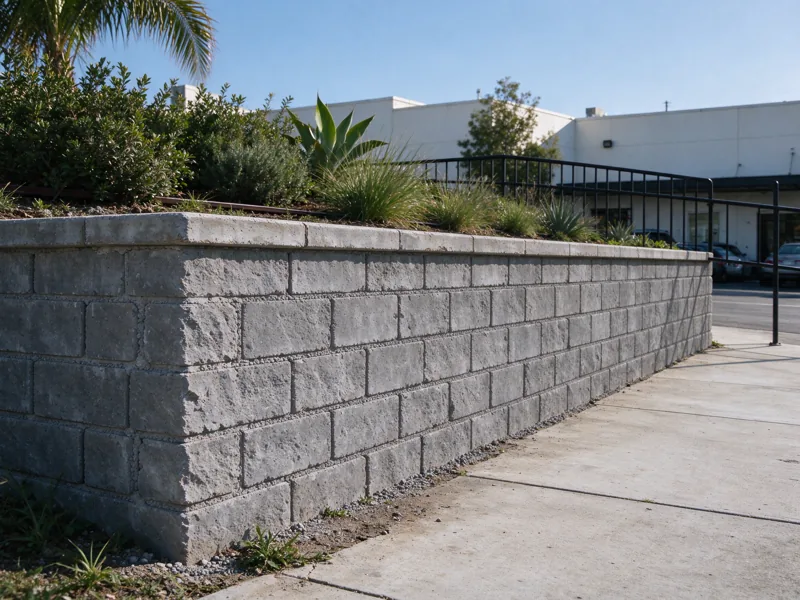 Retaining wall along an ordinary low-rise commercial property landscape edge, clear pedestrian walkway and parking separated from the planted retained ground; a close view of the visible material joints, cap and natural wear, Los Angeles setting
