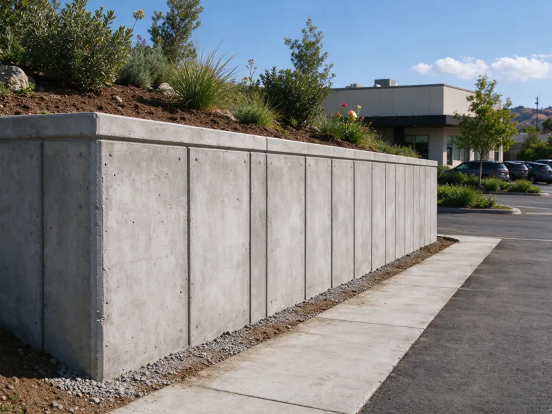 Retaining wall along an ordinary low-rise commercial property landscape edge, clear pedestrian walkway and parking separated from the planted retained ground; a low oblique view along the wall showing how the base meets the lower ground, Los Angeles setting