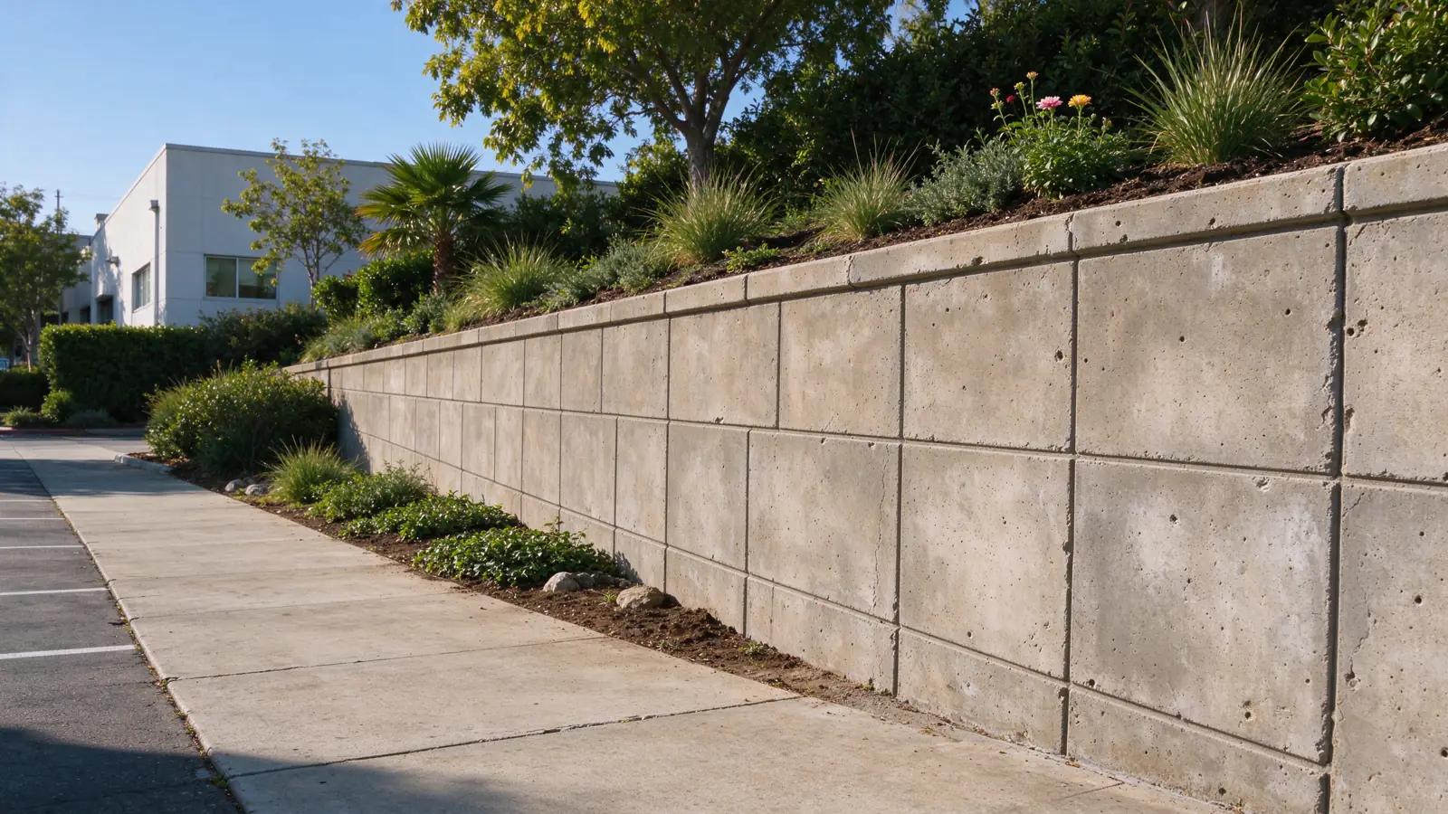 Retaining wall along an ordinary low-rise commercial property landscape edge, clear pedestrian walkway and parking separated from the planted retained ground, Los Angeles setting