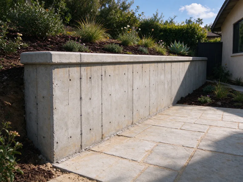 Formed concrete retaining wall with form-tie marks and continuous cap, higher planted soil on one side and lower courtyard on the other; a low oblique view along the wall showing how the base meets the lower ground, Los Angeles setting