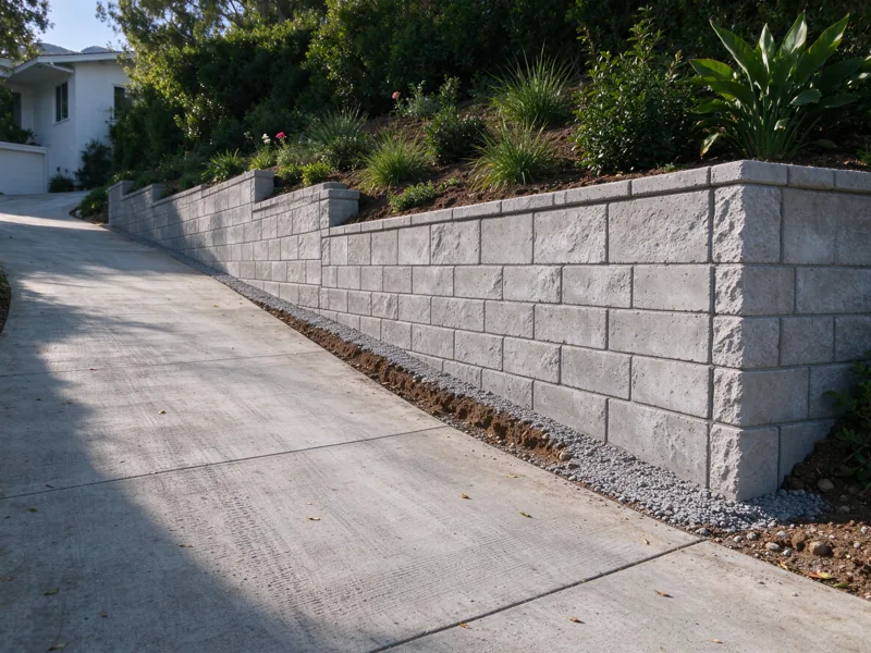 Retaining wall along the side of a gently sloping residential driveway, wall on the uphill side retaining planted ground, clear paved vehicle route alongside it; a wider view showing the route from the nearby paved access to the wall, Los Angeles setting
