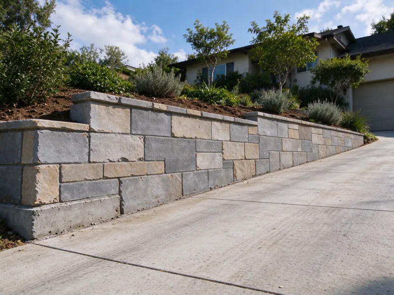 Retaining wall along the side of a gently sloping residential driveway, wall on the uphill side retaining planted ground, clear paved vehicle route alongside it; a low oblique view along the wall showing how the base meets the lower ground, Los Angeles setting