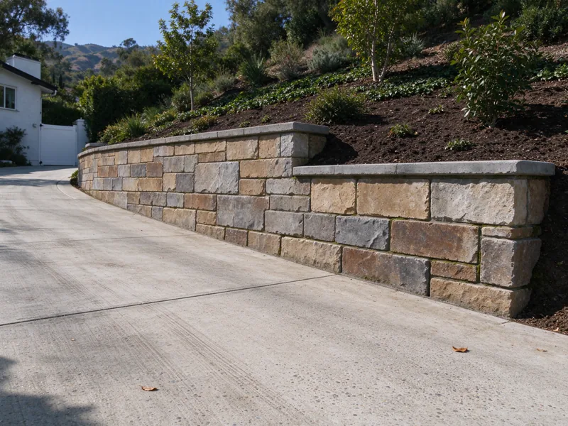Retaining wall along the side of a gently sloping residential driveway, wall on the uphill side retaining planted ground, clear paved vehicle route alongside it; a view from the accessible side showing the upper planted grade meeting the wall cap, Los Angeles setting