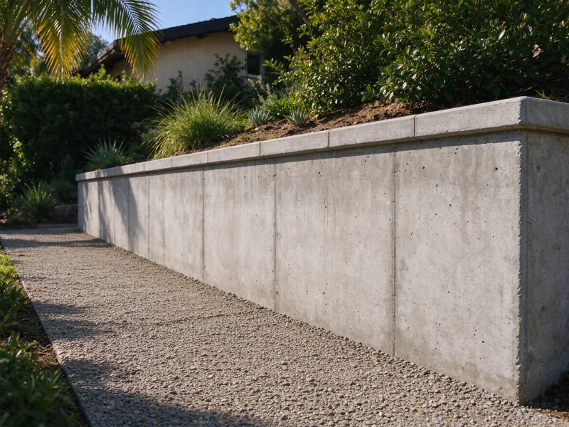 Low garden retaining wall holding a real small change in soil level, drought-tolerant planting above and a lower gravel walking path below; a close view of the visible material joints, cap and natural wear, Los Angeles setting