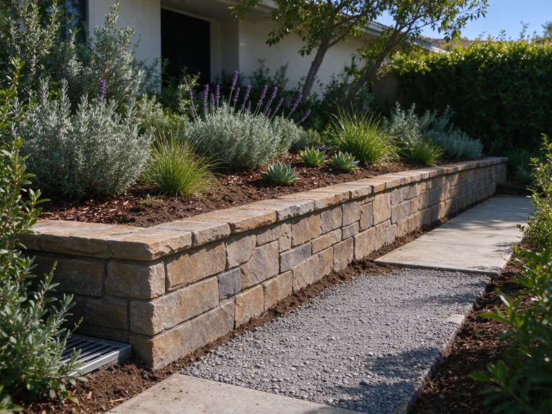 Low garden retaining wall holding a real small change in soil level, drought-tolerant planting above and a lower gravel walking path below; a wider view showing the route from the nearby paved access to the wall, Los Angeles setting