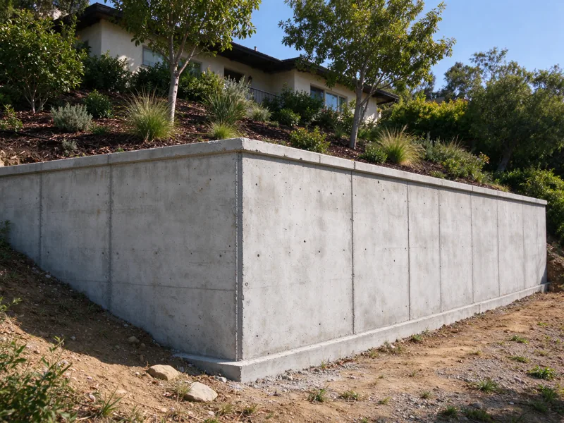 Modest concrete retaining wall beside a hillside home, supported along the lower grade with planted higher ground behind; a close view of the visible material joints, cap and natural wear, Los Angeles setting
