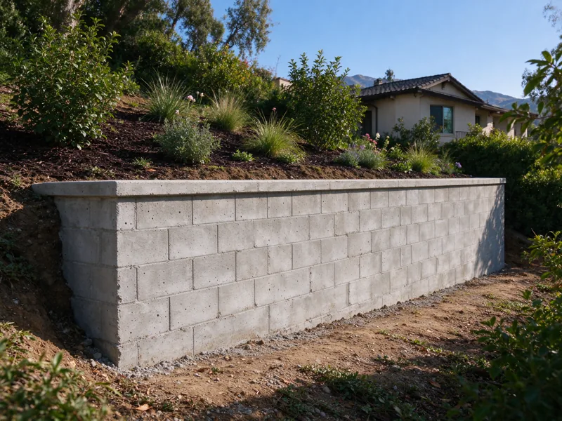 Modest concrete retaining wall beside a hillside home, supported along the lower grade with planted higher ground behind; a view from the accessible side showing the upper planted grade meeting the wall cap, Los Angeles setting