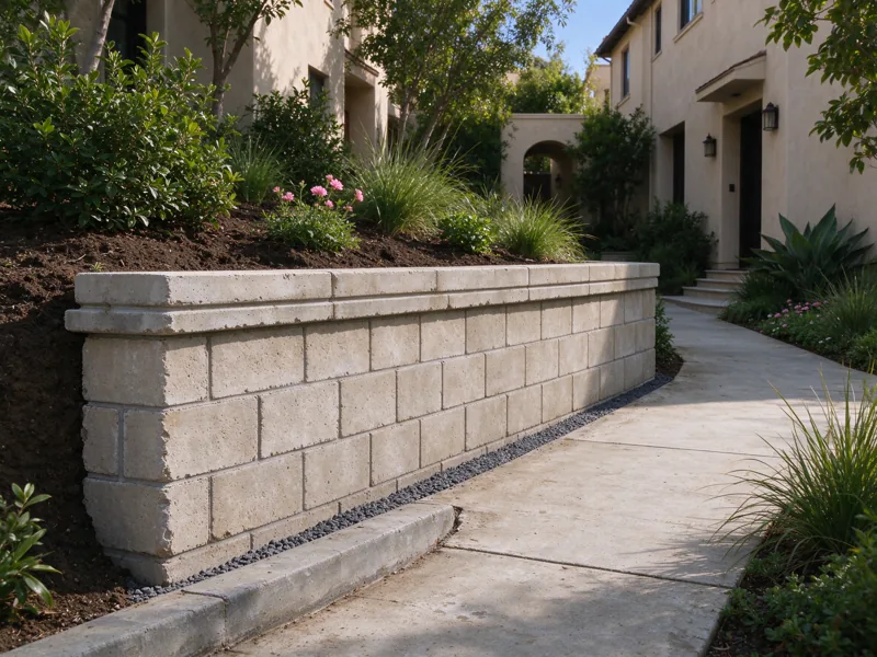 Low retaining wall alongside a shared landscaped pedestrian path between Los Angeles stucco townhomes, entrances and walking route clear, no signs or branding; a close view of the visible material joints, cap and natural wear, Los Angeles setting