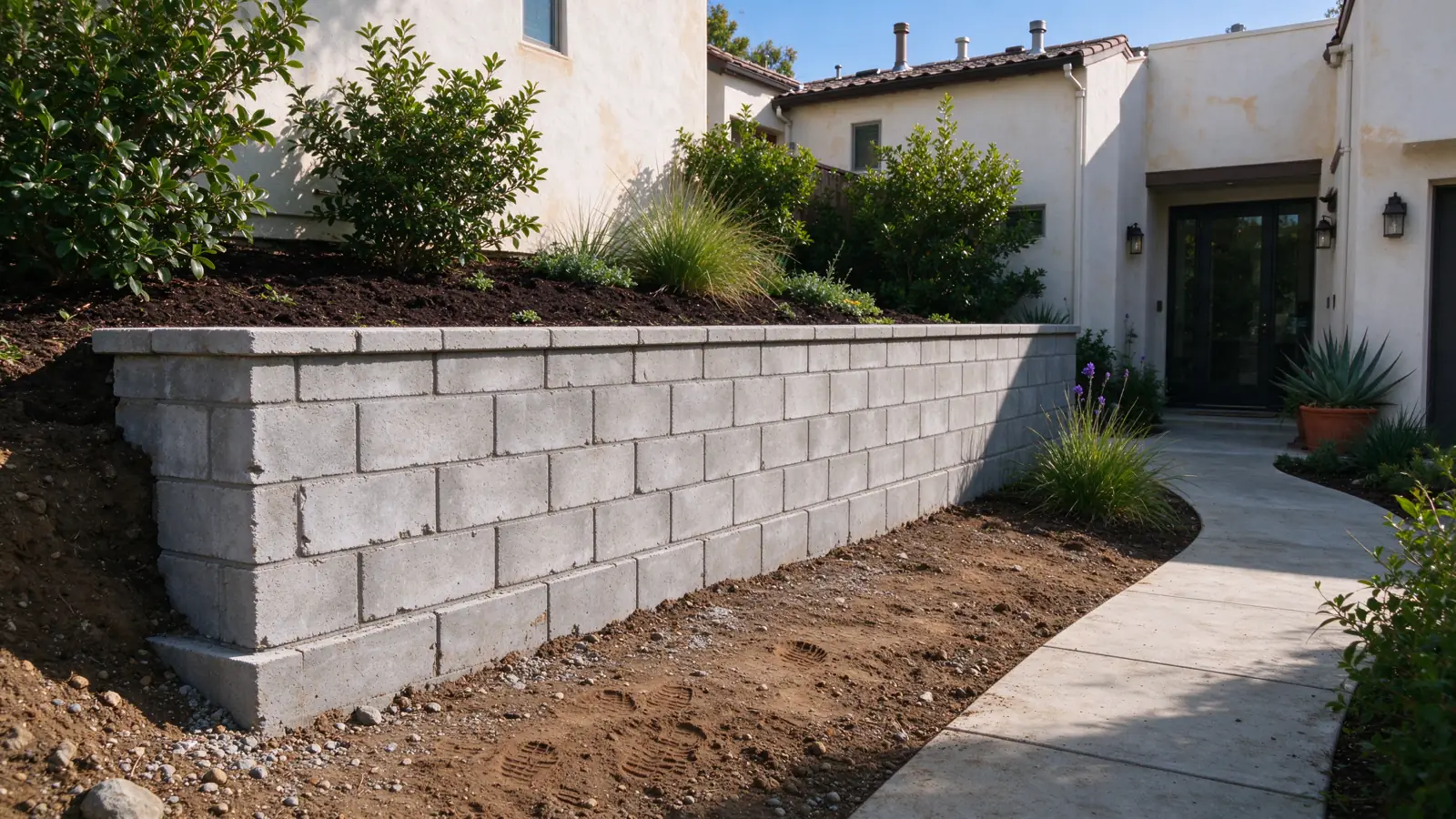 Low retaining wall alongside a shared landscaped pedestrian path between Los Angeles stucco townhomes, entrances and walking route clear, no signs or branding, Los Angeles setting