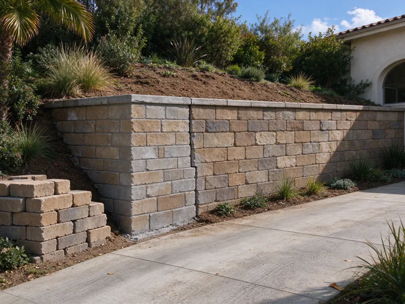 Masonry retaining wall with one small rebuilt section meeting older matching masonry at a visible vertical interface, continuous cap and supported soil behind; a wider view showing the route from the nearby paved access to the wall, Los Angeles setting