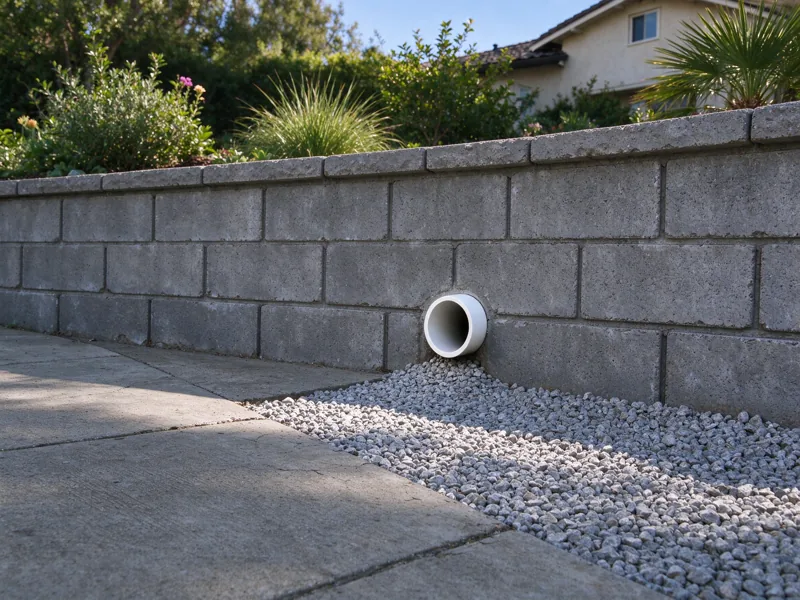 Existing low retaining wall with one clearly visible drain outlet near the base, outlet directed into a visible gravel-lined collection channel wholly within the garden; a close view of the visible material joints, cap and natural wear, Los Angeles setting
