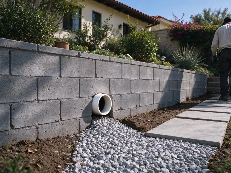 Existing low retaining wall with one clearly visible drain outlet near the base, outlet directed into a visible gravel-lined collection channel wholly within the garden; a wider view showing the route from the nearby paved access to the wall, Los Angeles setting