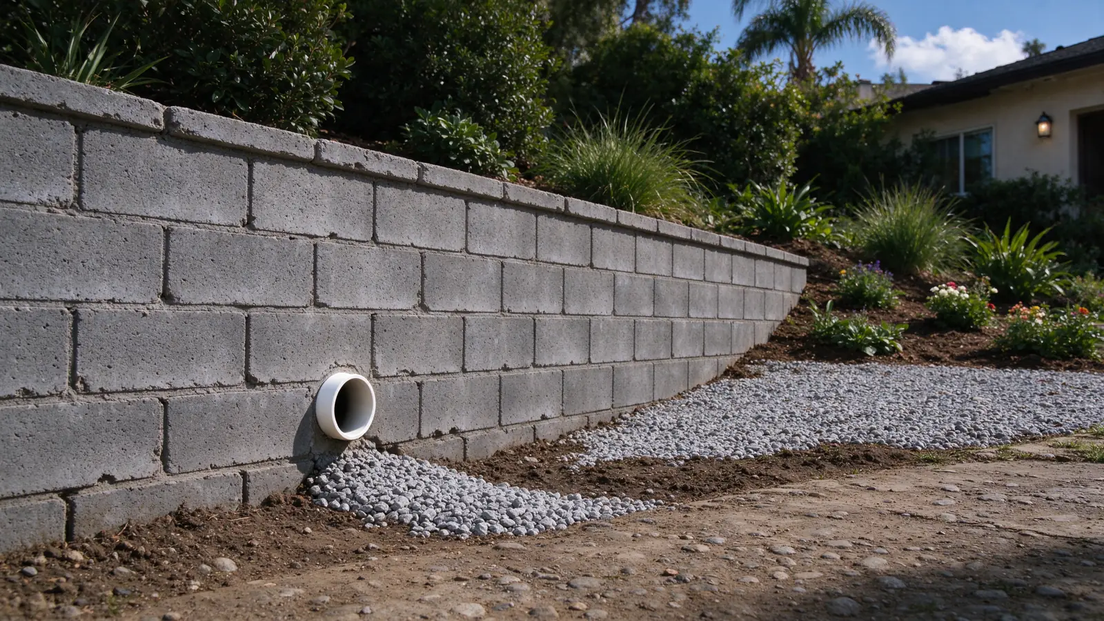Existing low retaining wall with one clearly visible drain outlet near the base, outlet directed into a visible gravel-lined collection channel wholly within the garden, Los Angeles setting