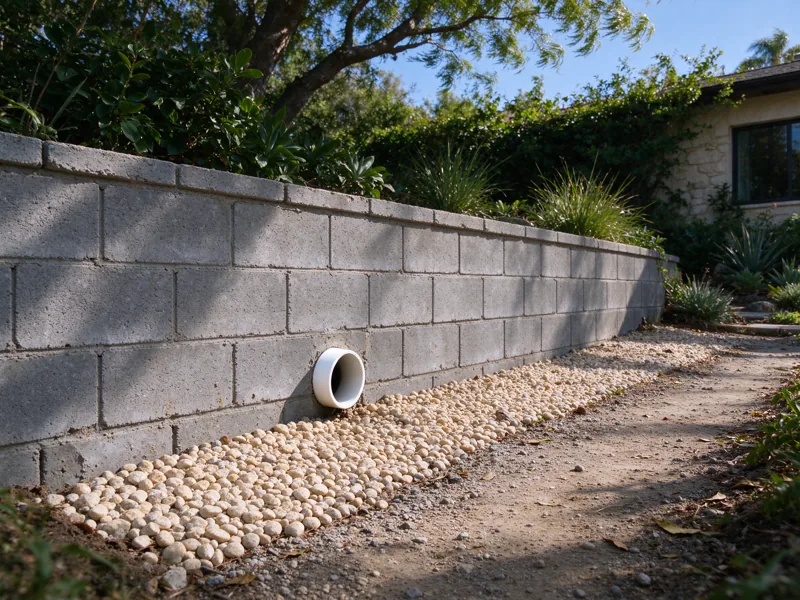 Low existing masonry retaining wall with a single accessible outlet and adjacent shallow collection channel, water route visible; a wider view showing the route from the nearby paved access to the wall, Los Angeles setting