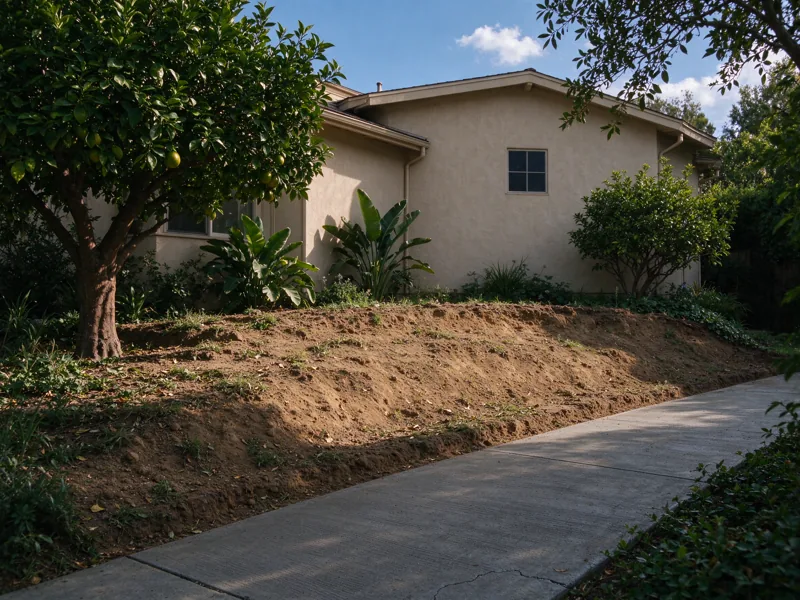 Bare garden berm beside a residential path before a new retaining wall, Los Angeles setting