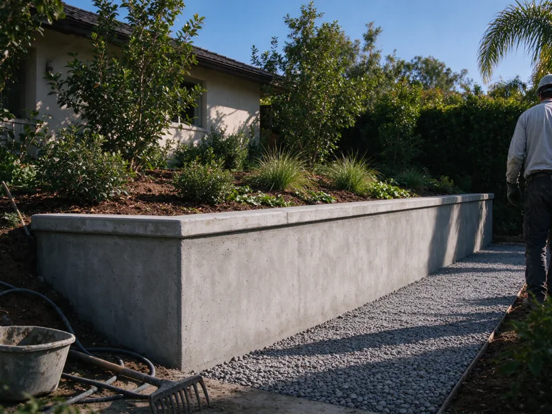 Finished reinforced concrete retaining wall supporting a modest planted grade beside a Los Angeles stucco house; wall base meets the lower paved path and top meets the higher soil grade; a wider view showing the route from the nearby paved access to the wall, Los Angeles setting