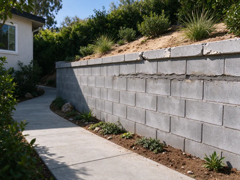 Short CMU retaining wall beside a residential path, with one weathered mortar joint and chipped cap visible; wall remains upright, ground is continuous; a wider view showing the route from the nearby paved access to the wall, Los Angeles setting