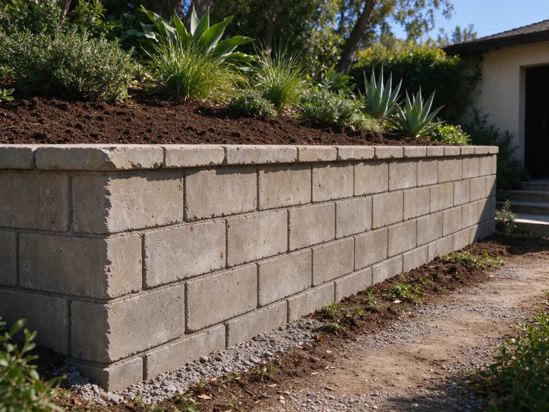 Completed masonry retaining wall along a garden edge with reinstated soil above and a clean accessible path below, ordinary tool marks and material joints; a close view of the visible material joints, cap and natural wear, Los Angeles setting