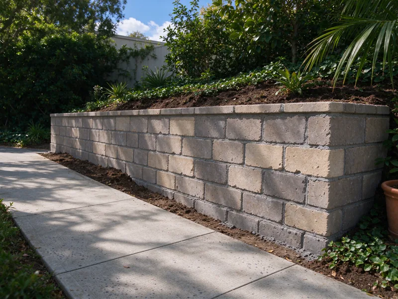 Completed masonry retaining wall along a garden edge with reinstated soil above and a clean accessible path below, ordinary tool marks and material joints; a wider view showing the route from the nearby paved access to the wall, Los Angeles setting