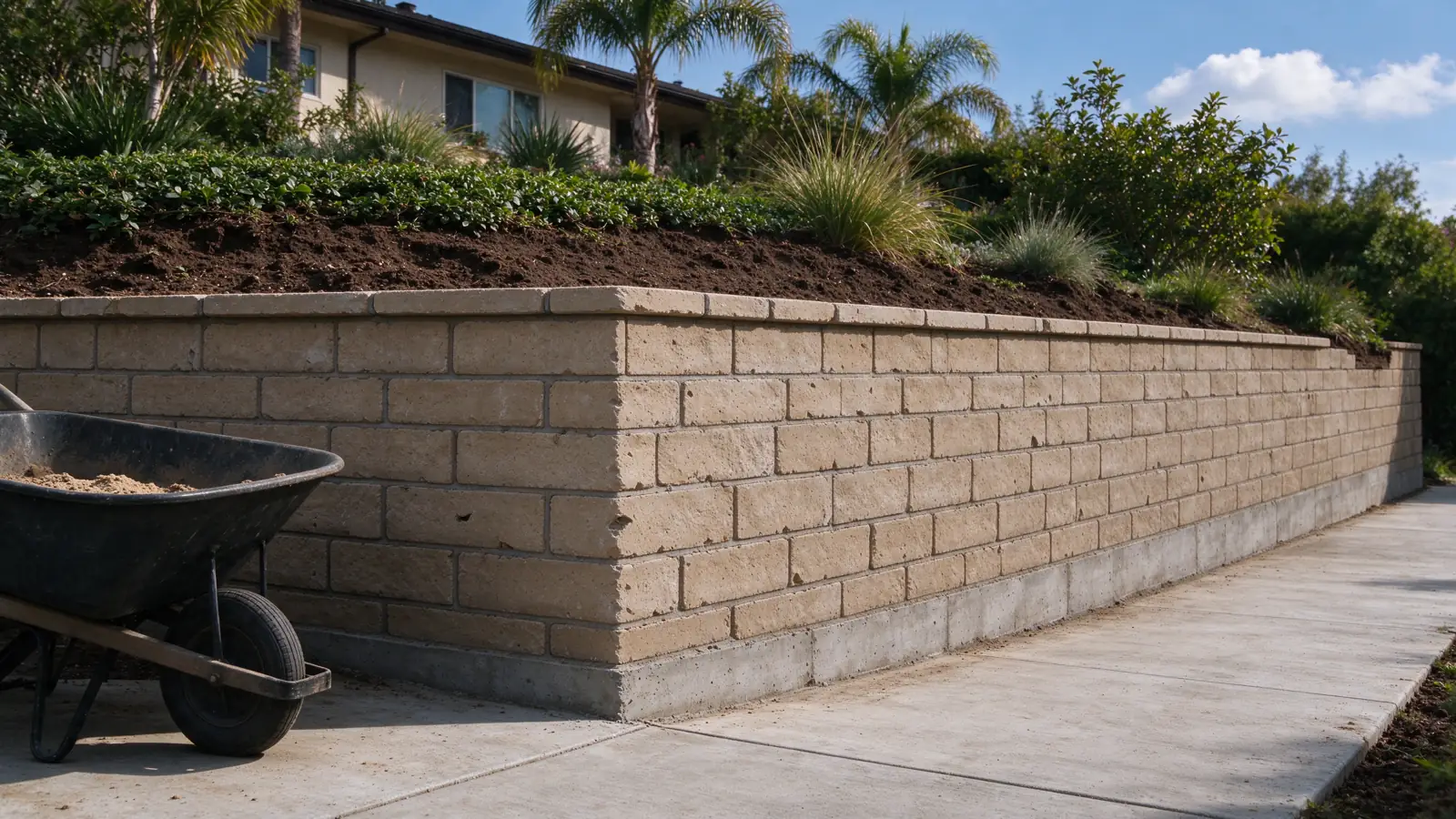 Completed masonry retaining wall along a garden edge with reinstated soil above and a clean accessible path below, ordinary tool marks and material joints, Los Angeles setting