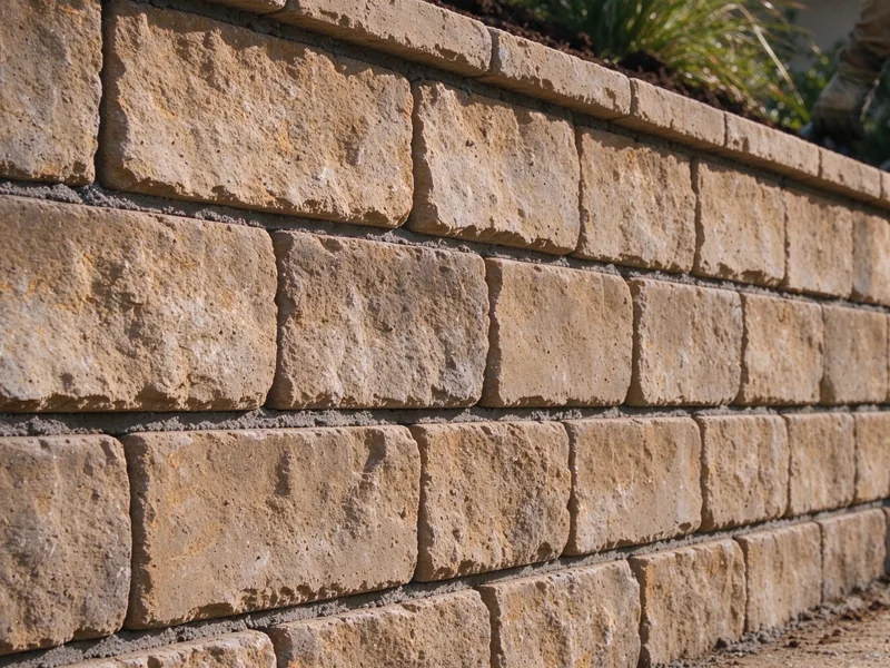 Low segmental retaining wall with staggered blocks, modest consistent setback and fitted cap units, supporting a shallow garden terrace; a low oblique view along the wall showing how the base meets the lower ground, Los Angeles setting