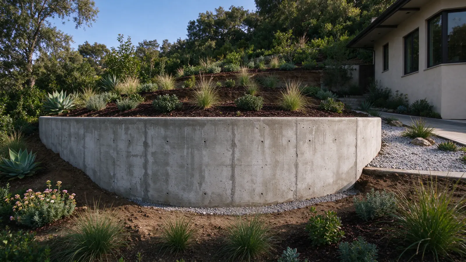 A low curved board-formed concrete wall retaining planted ground beside a narrow gravel side garden in a Los Angeles residential setting