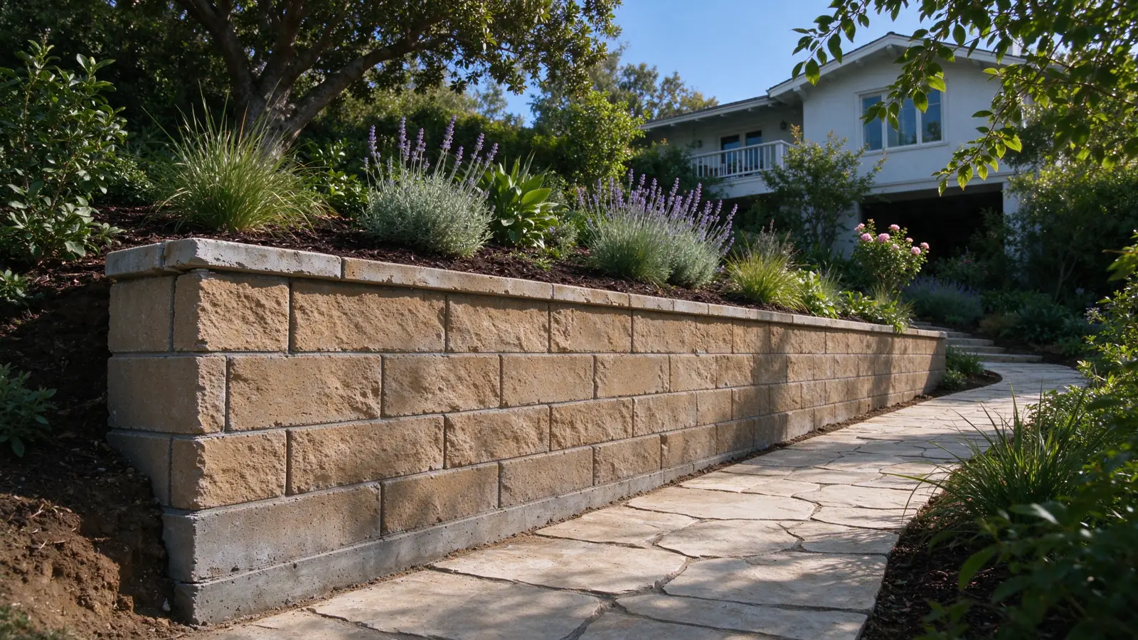 A low rough-faced tan block wall retaining planted ground beside a curving garden path in a Los Angeles residential setting