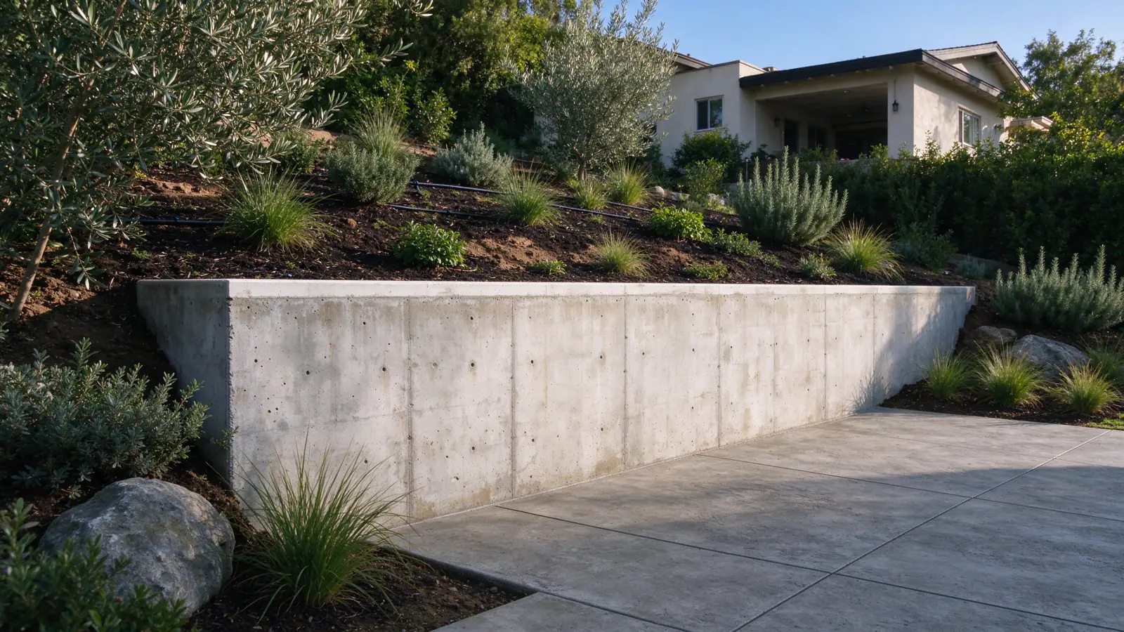 A straight pale concrete wall stepping down with the grade retaining planted ground beside a broad paved patio in a Los Angeles residential setting