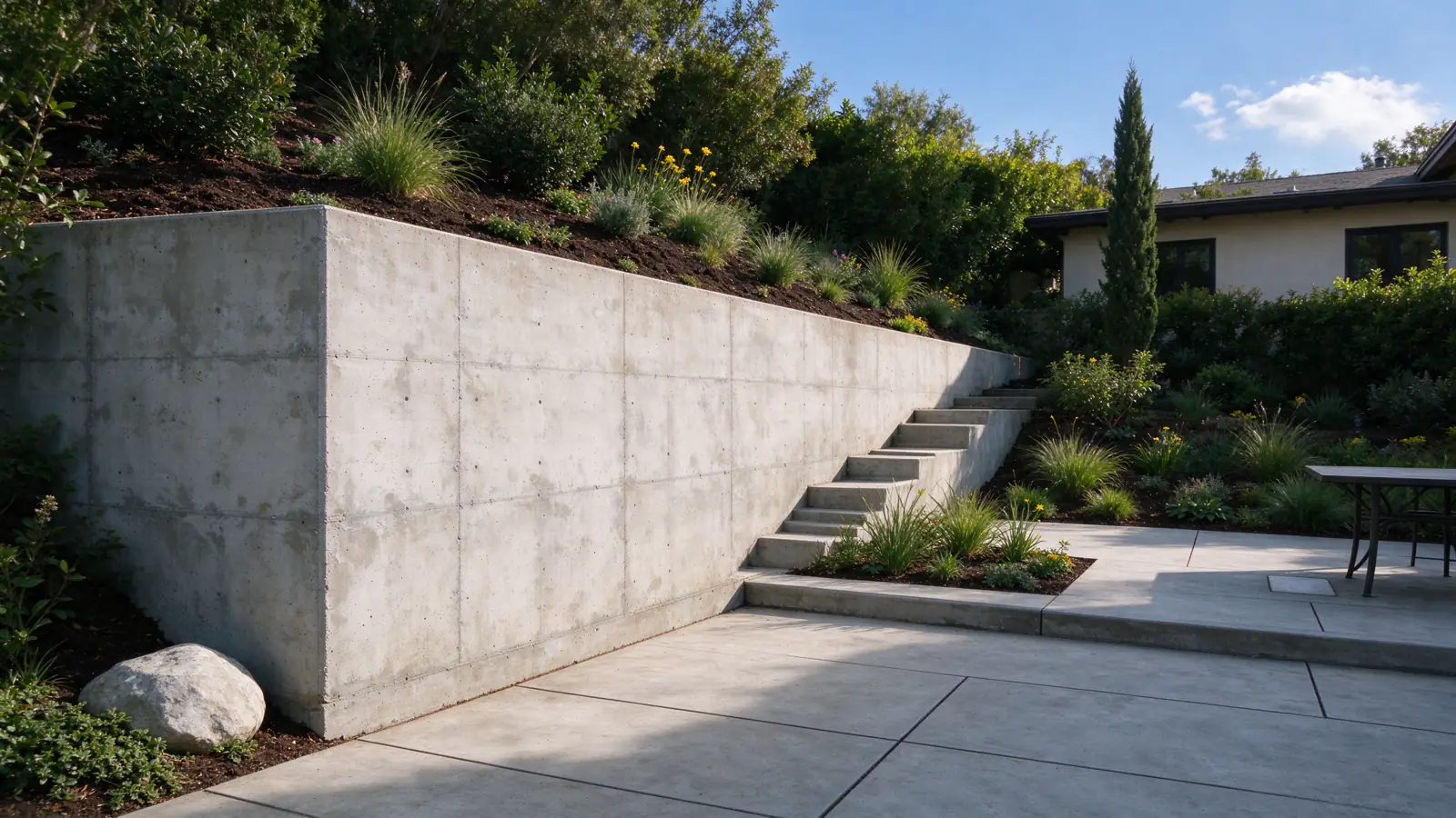 A straight pale concrete wall stepping down with the grade retaining planted ground beside a broad paved patio in a Los Angeles residential setting