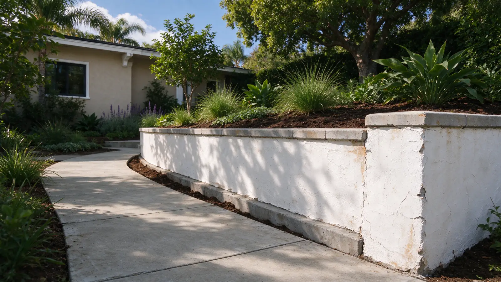 A low white stucco-faced masonry wall retaining planted ground beside a generous side walkway in a Los Angeles residential setting