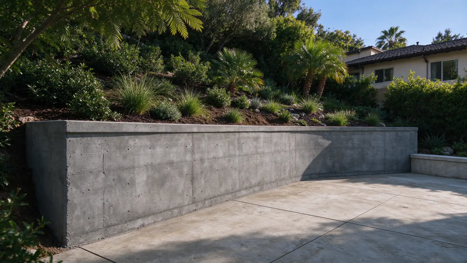 A long grey concrete wall following a gentle bend retaining planted ground beside a hillside planting border in a Los Angeles residential setting