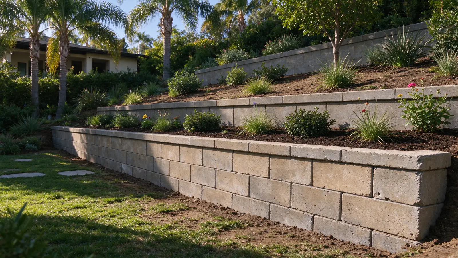 Two low terraces separated by a wide planted bench retaining planted ground beside a sloping backyard in a Los Angeles residential setting