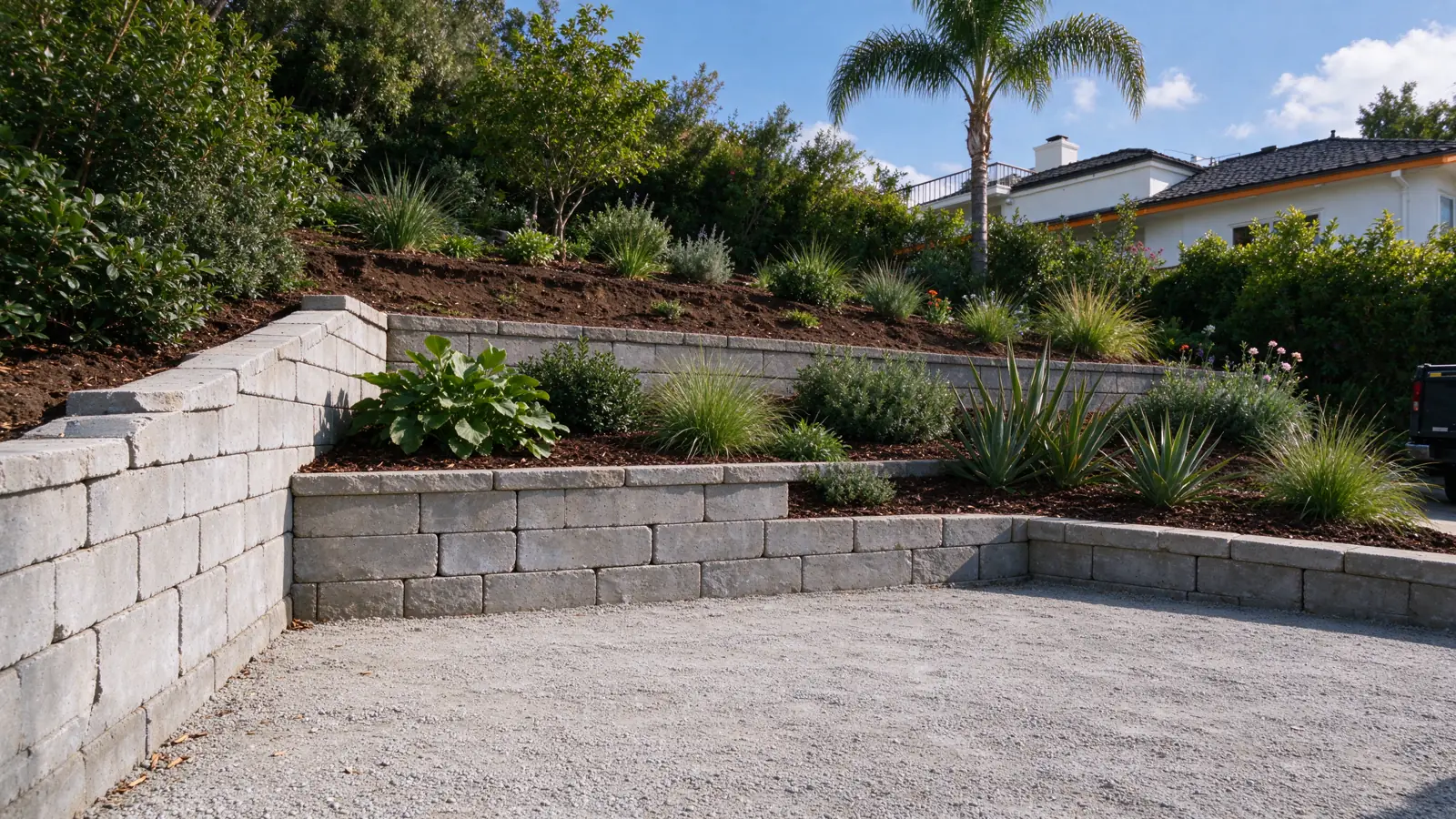 Two low terraces separated by a wide planted bench retaining planted ground beside a sloping backyard in a Los Angeles residential setting