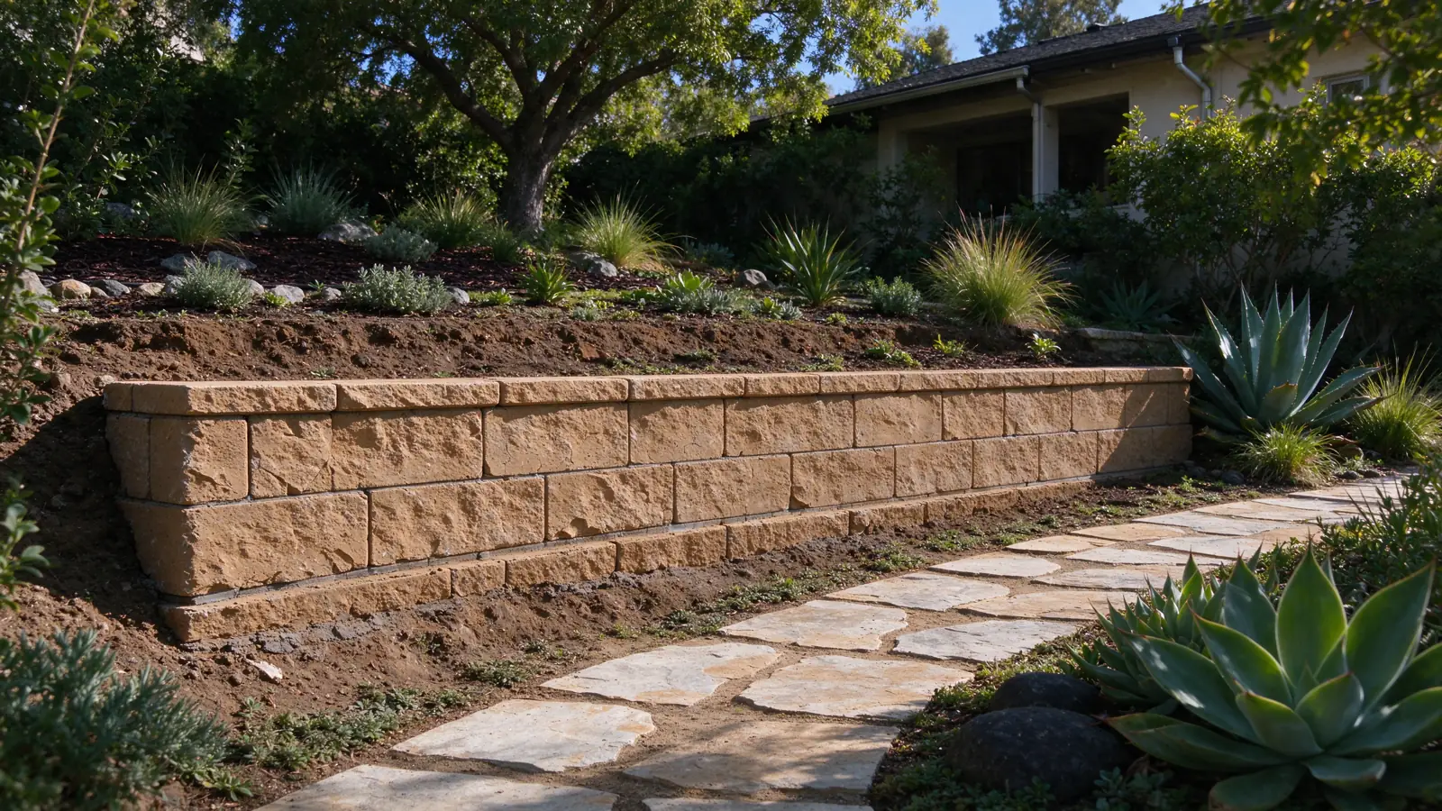 A low rough-faced tan block wall retaining planted ground beside a curving garden path in a Los Angeles residential setting