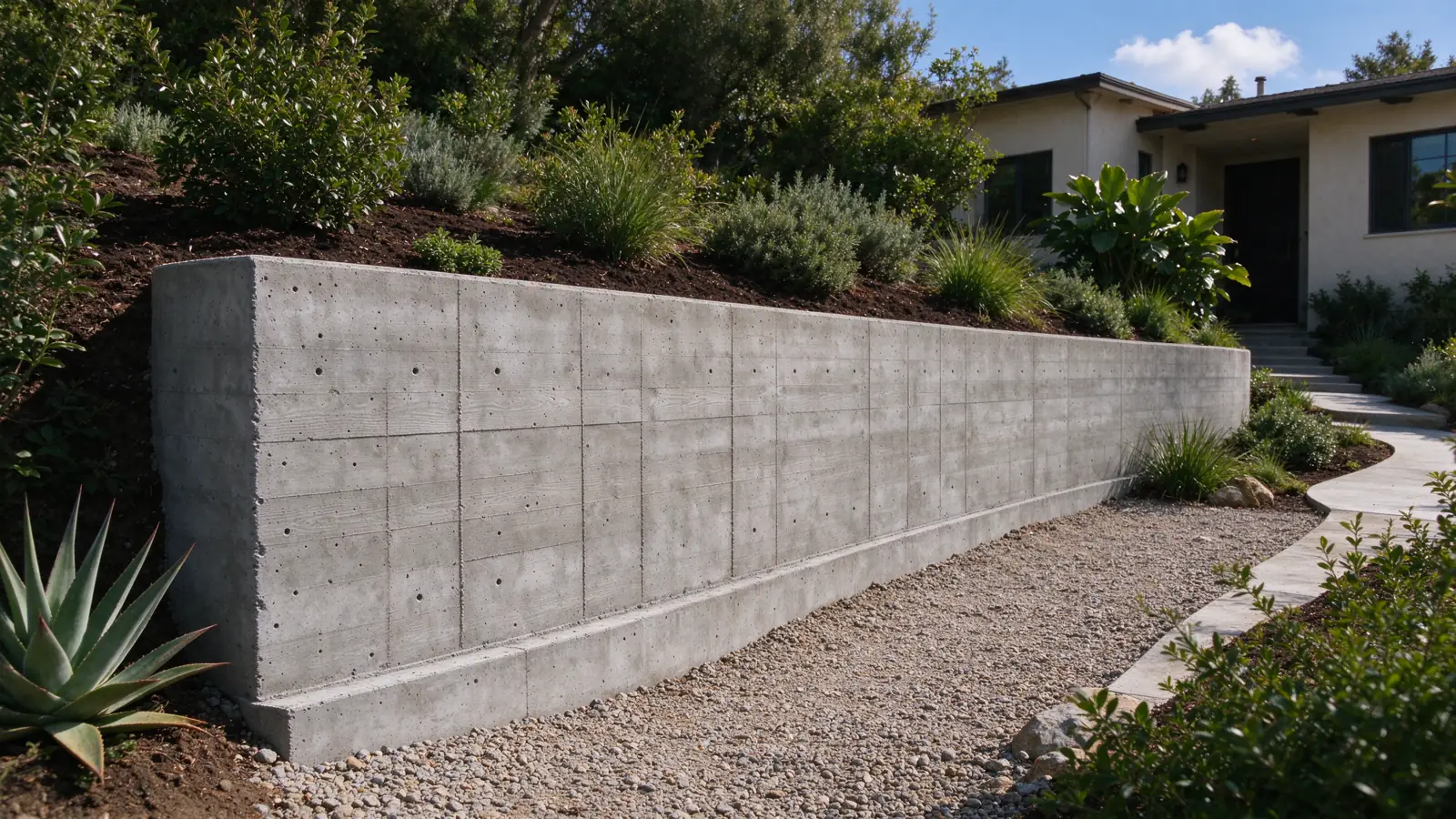A low curved board-formed concrete wall retaining planted ground beside a narrow gravel side garden in a Los Angeles residential setting