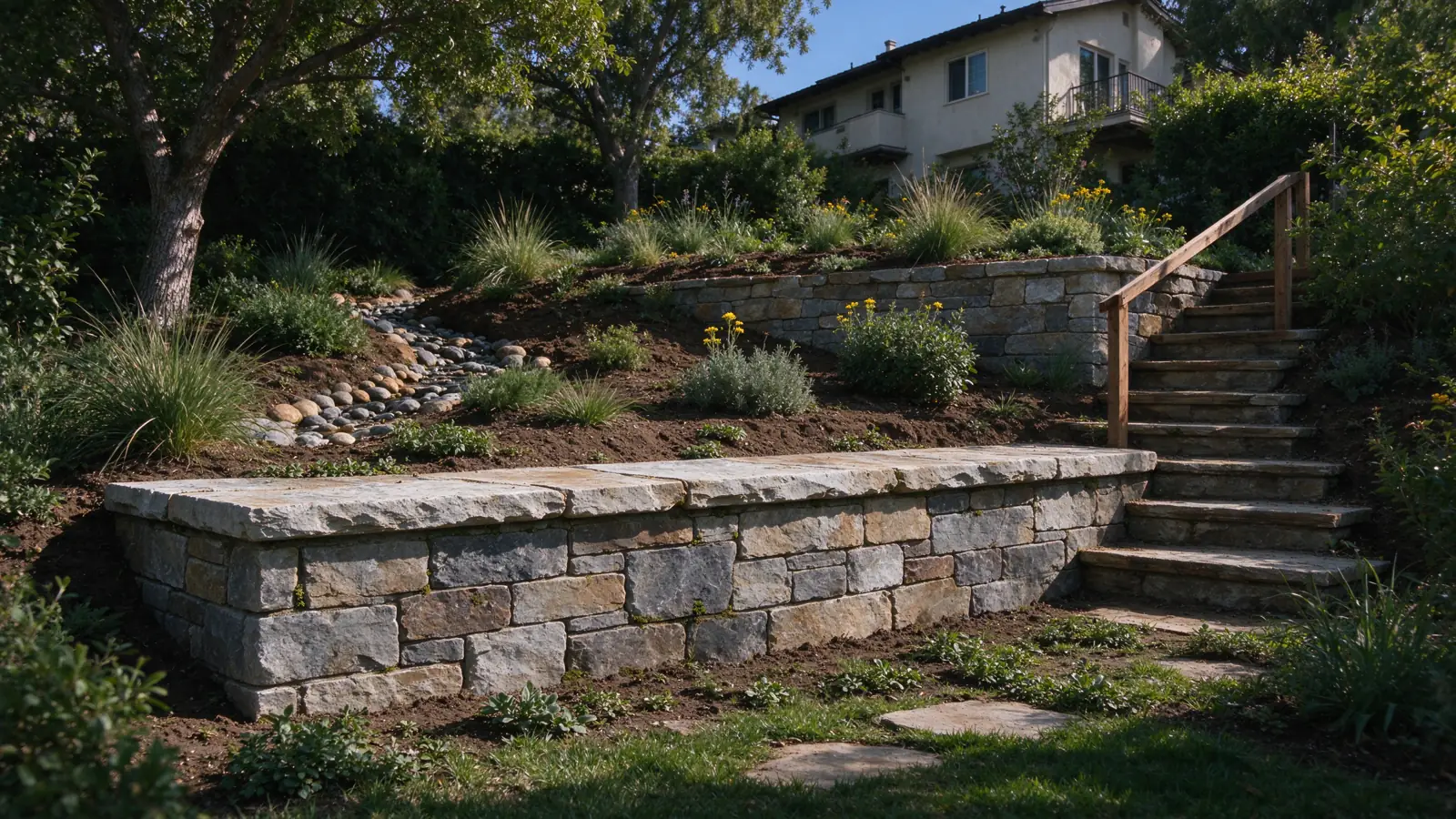 Two low terraces separated by a wide planted bench retaining planted ground beside a sloping backyard in a Los Angeles residential setting
