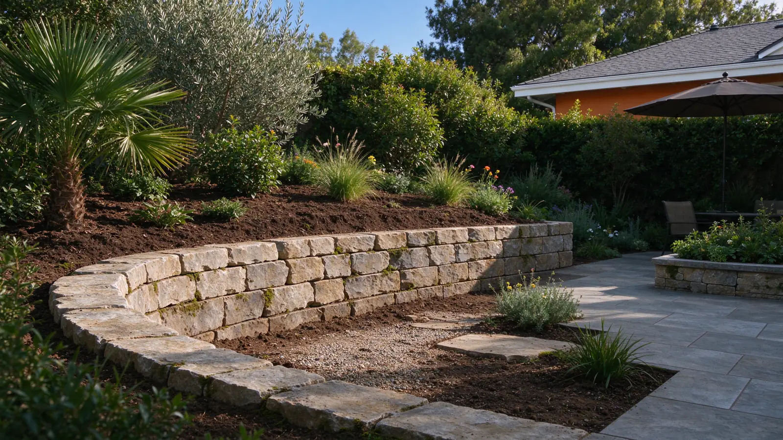 A short natural-stone wall retaining planted ground beside a compact planted courtyard in a Los Angeles residential setting