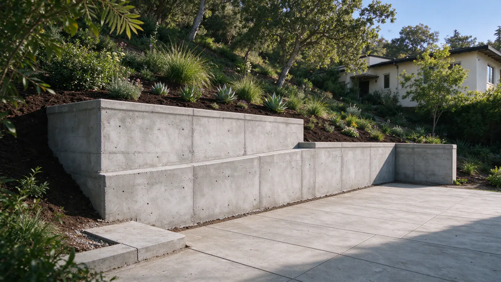 A straight pale concrete wall stepping down with the grade retaining planted ground beside a broad paved patio in a Los Angeles residential setting