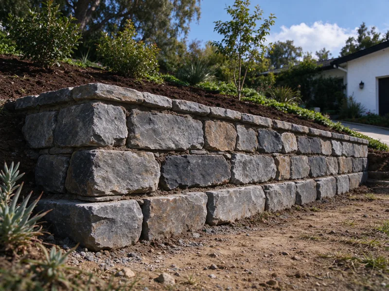 Low thick natural-stone gravity retaining wall with larger interlocking stones at its base, small planted grade behind, stones visibly supported by the courses below; a low oblique view along the wall showing how the base meets the lower ground, Los Angeles setting