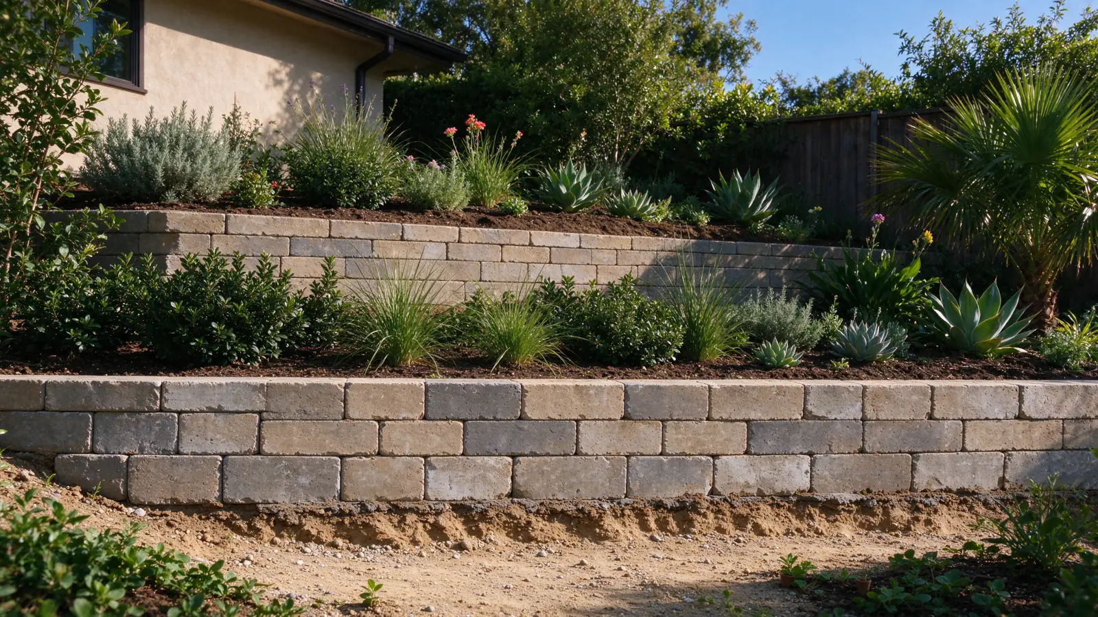 Two low masonry garden terraces separated by a broad planted bench, each wall bearing on its own continuous ground surface, Los Angeles setting