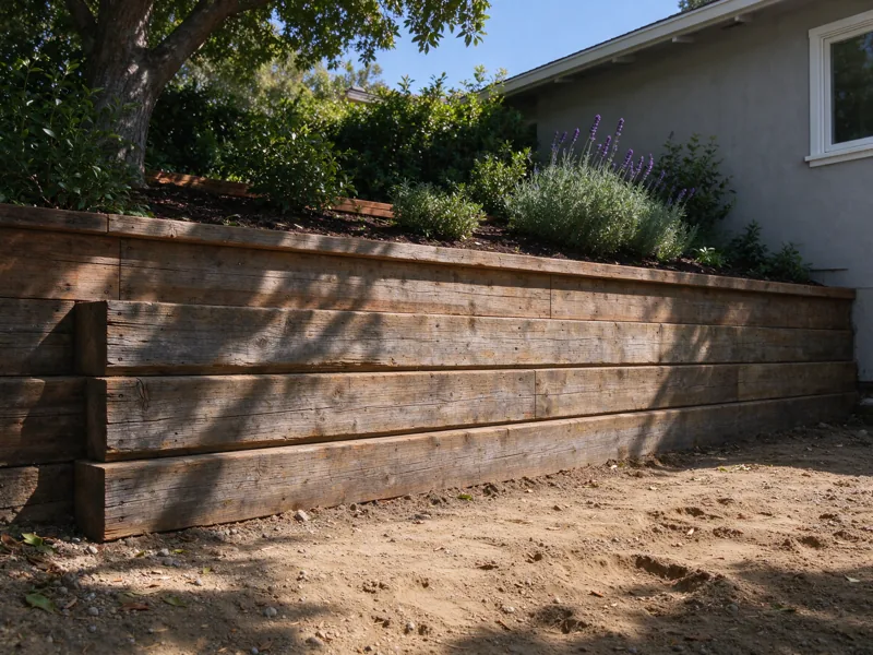 Weathered low timber retaining wall alongside a residential planting bed, horizontal timbers resting on the ground and one another; a view from the accessible side showing the upper planted grade meeting the wall cap, Los Angeles setting